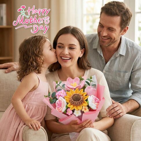 Crochet Flower Bouquet - Handmade Knitted Sunflower Crochet Flowers, Pink Crochet Bouquet Gift for Mom, Wife, Women, Mother's Day, Birthday, Graduation, Teacher Gifts with Gift Bag & Card in Saudi Arabia