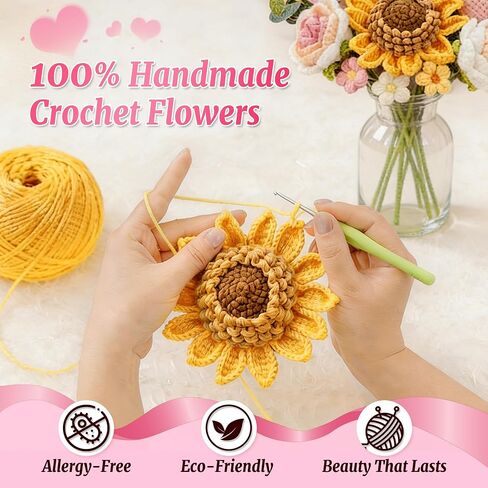 Crochet Flower Bouquet - Handmade Knitted Sunflower Crochet Flowers, Pink Crochet Bouquet Gift for Mom, Wife, Women, Mother's Day, Birthday, Graduation, Teacher Gifts with Gift Bag & Card in Saudi Arabia