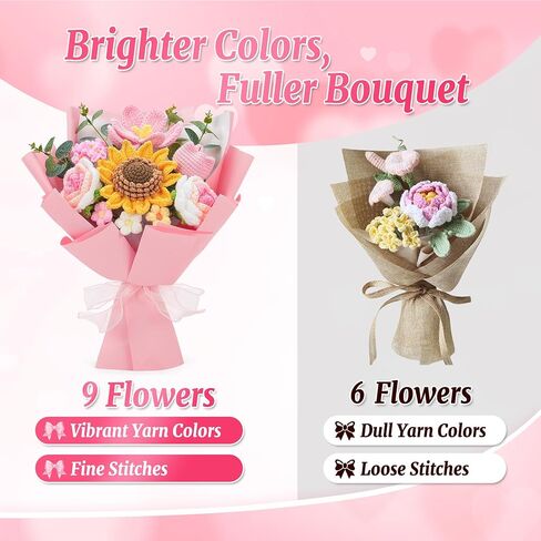 Crochet Flower Bouquet - Handmade Knitted Sunflower Crochet Flowers, Pink Crochet Bouquet Gift for Mom, Wife, Women, Mother's Day, Birthday, Graduation, Teacher Gifts with Gift Bag & Card in Saudi Arabia
