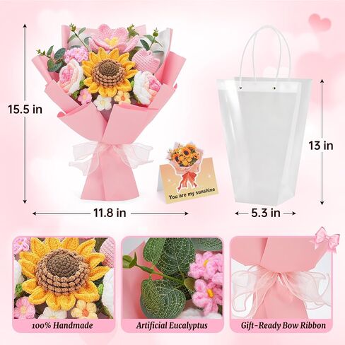 Crochet Flower Bouquet - Handmade Knitted Sunflower Crochet Flowers, Pink Crochet Bouquet Gift for Mom, Wife, Women, Mother's Day, Birthday, Graduation, Teacher Gifts with Gift Bag & Card in Saudi Arabia