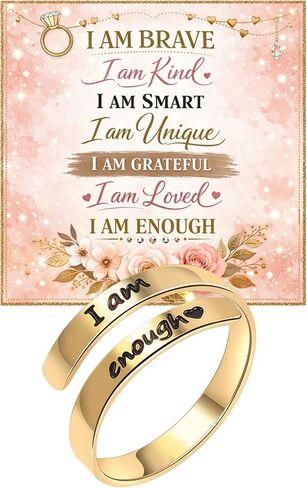 I Am Enough Ring For Women, Self Love Silver Open Band Gold Rings Card Engraved Motivation Stackable Inspirational Neighbor Bestie Friendship Jewelry in Saudi Arabia