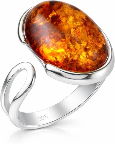 Holiday Gift Shops 925 Sterling Silver Adjustable Ring with Genuine Baltic Honey Amber, Oval Natural Amber Stone, Handmade Women’s Jewelry from Poland in Saudi Arabia