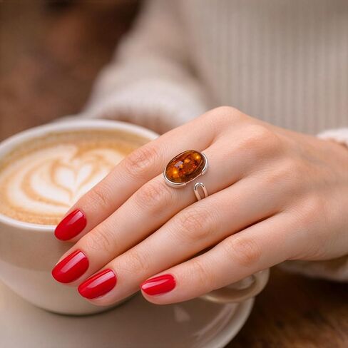 Holiday Gift Shops 925 Sterling Silver Adjustable Ring with Genuine Baltic Honey Amber, Oval Natural Amber Stone, Handmade Women’s Jewelry from Poland in Saudi Arabia
