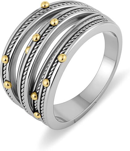 Mytys Wide Band Multi-Strand Twisted Cable Ring - Mixed Metal Silver Gold Tone Statement Ring with Ball Accents in Kuwait
