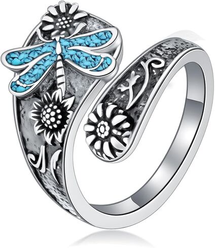 925 Sterling Silver Turquoise Butterfly/Dragonfly/Bees/Ladybug Spoon Ring Vintage Sunflower Oxidized Wrap Adjustable Ring Floral Boho Style Jewelry Gifts for Women Mother in Kuwait