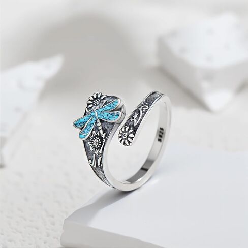 925 Sterling Silver Turquoise Butterfly/Dragonfly/Bees/Ladybug Spoon Ring Vintage Sunflower Oxidized Wrap Adjustable Ring Floral Boho Style Jewelry Gifts for Women Mother in Kuwait