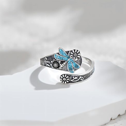 925 Sterling Silver Turquoise Butterfly/Dragonfly/Bees/Ladybug Spoon Ring Vintage Sunflower Oxidized Wrap Adjustable Ring Floral Boho Style Jewelry Gifts for Women Mother in Kuwait