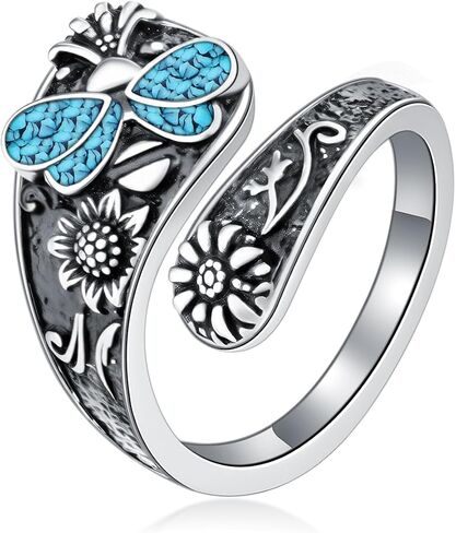 925 Sterling Silver Turquoise Butterfly/Dragonfly/Bees/Ladybug Spoon Ring Vintage Sunflower Oxidized Wrap Adjustable Ring Floral Boho Style Jewelry Gifts for Women Mother in Kuwait