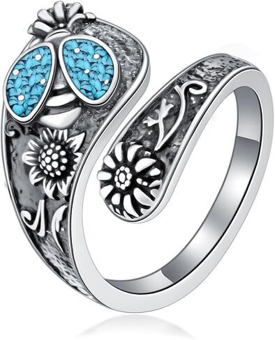 925 Sterling Silver Turquoise Butterfly/Dragonfly/Bees/Ladybug Spoon Ring Vintage Sunflower Oxidized Wrap Adjustable Ring Floral Boho Style Jewelry Gifts for Women Mother in Kuwait
