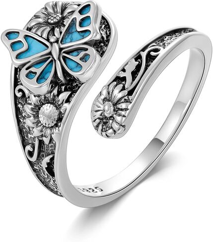 925 Sterling Silver Turquoise Butterfly/Dragonfly/Bees/Ladybug Spoon Ring Vintage Sunflower Oxidized Wrap Adjustable Ring Floral Boho Style Jewelry Gifts for Women Mother in Kuwait