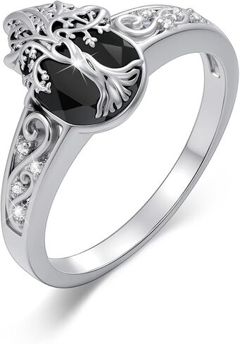 Black Tourmaline Ring 925 Sterling Silver Tree of Life Ringe Vintage Black Ring Crystal Healing Jewelry Christmas Birthday Gifts for Women Mother Sisters Wife（Size 8） in Kuwait