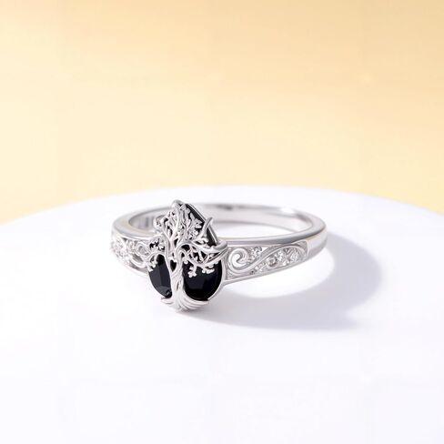 Black Tourmaline Ring 925 Sterling Silver Tree of Life Ringe Vintage Black Ring Crystal Healing Jewelry Christmas Birthday Gifts for Women Mother Sisters Wife（Size 8） in Kuwait