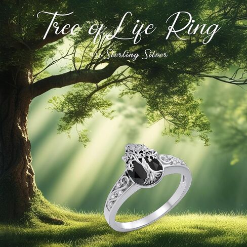 Black Tourmaline Ring 925 Sterling Silver Tree of Life Ringe Vintage Black Ring Crystal Healing Jewelry Christmas Birthday Gifts for Women Mother Sisters Wife（Size 8） in Kuwait