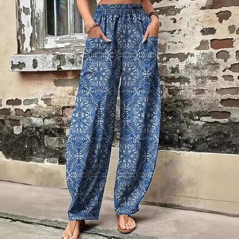 Women's Boho Paisley Print Elastic Waist Wide Leg Casual Pants with Pockets in Kuwait