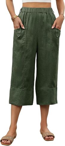 Women's 100% Linen Capri Pants Cropped Summer Beach Pants Comfy Lounge Pants with Pockets in Saudi Arabia