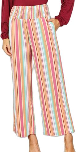 Womens Casual Palazzo Pants Rainbow Striped Wide Leg High Waisted Smocked Waistband Summer Beach Trousers in Saudi Arabia