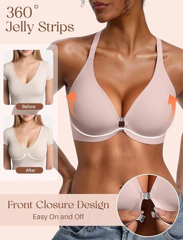 Jelly Bras for Women Front Closure No Underwire Seamless Bralettes Wireless Push Up Soft V Neck Full Coverage Comfortable Sports Everyday Womens Bra Pink XL in Saudi Arabia
