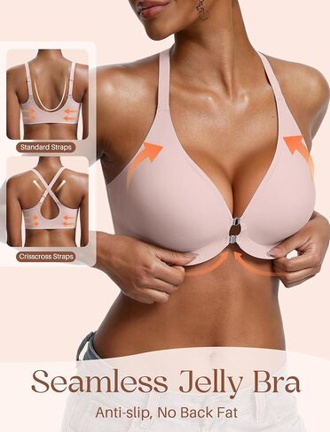 Jelly Bras for Women Front Closure No Underwire Seamless Bralettes Wireless Push Up Soft V Neck Full Coverage Comfortable Sports Everyday Womens Bra Pink XL in Saudi Arabia