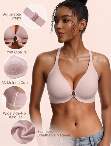 Jelly Bras for Women Front Closure No Underwire Seamless Bralettes Wireless Push Up Soft V Neck Full Coverage Comfortable Sports Everyday Womens Bra Pink XL in Saudi Arabia