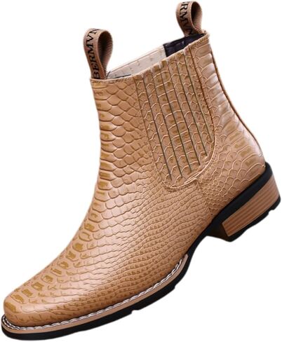 Men's Crocodile Pattern Leather Pull-On Chelsea Boots Classical Round Toe Block Heel Elastic Lightweight Comfortable Casual Western Cowboy Riding Boots in Saudi Arabia