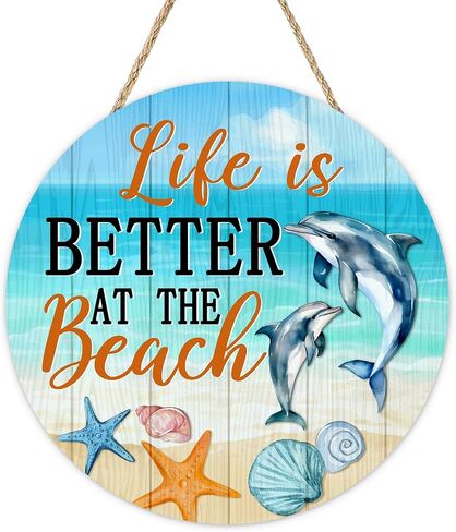 Summer Life is Better at The Beach Front Door Sign, Coastal Sea Dolphin Starfish Shell Conch Wood Plaque Hanger Outdoor Porch Home Decor, Nautical Ocean Wooden Wreath Wall Hanging Decoration in Saudi Arabia