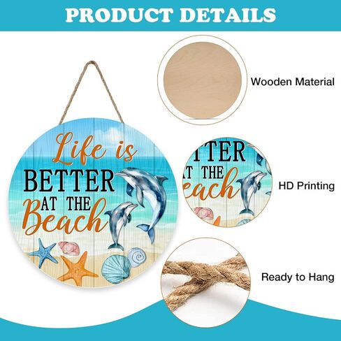 Summer Life is Better at The Beach Front Door Sign, Coastal Sea Dolphin Starfish Shell Conch Wood Plaque Hanger Outdoor Porch Home Decor, Nautical Ocean Wooden Wreath Wall Hanging Decoration in Saudi Arabia