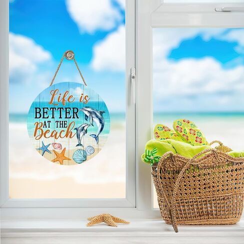 Summer Life is Better at The Beach Front Door Sign, Coastal Sea Dolphin Starfish Shell Conch Wood Plaque Hanger Outdoor Porch Home Decor, Nautical Ocean Wooden Wreath Wall Hanging Decoration in Saudi Arabia