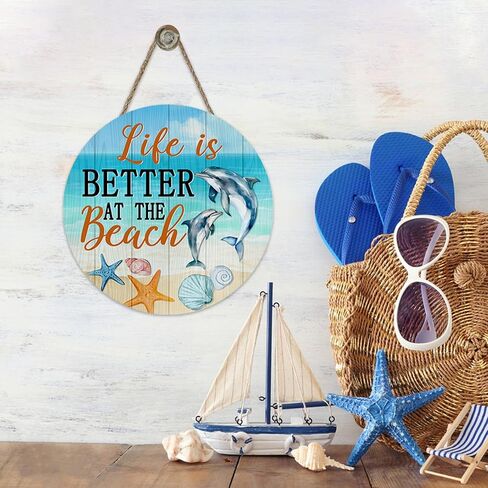 Summer Life is Better at The Beach Front Door Sign, Coastal Sea Dolphin Starfish Shell Conch Wood Plaque Hanger Outdoor Porch Home Decor, Nautical Ocean Wooden Wreath Wall Hanging Decoration in Saudi Arabia