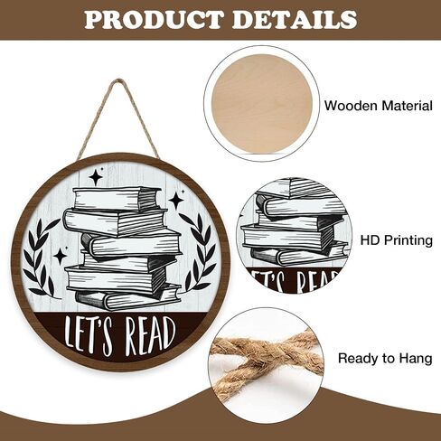 Vintage Let's Read Book Front Door Sign, Retro Inspirational School Classroom Library Reading Corner Wood Plaque Hanger, Farmhouse Wooden Wreath Indoor Wall Hanging Home Decor Book Lover Gift in Saudi Arabia