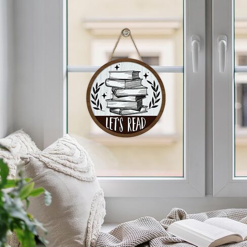 Vintage Let's Read Book Front Door Sign, Retro Inspirational School Classroom Library Reading Corner Wood Plaque Hanger, Farmhouse Wooden Wreath Indoor Wall Hanging Home Decor Book Lover Gift in Saudi Arabia