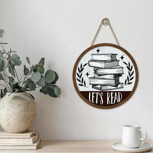 Vintage Let's Read Book Front Door Sign, Retro Inspirational School Classroom Library Reading Corner Wood Plaque Hanger, Farmhouse Wooden Wreath Indoor Wall Hanging Home Decor Book Lover Gift in Saudi Arabia