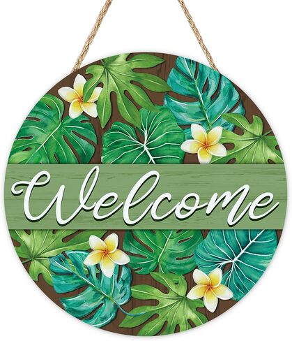 Welcome Summer Monstera Palm Leaves Front Door Sign, Tropical Plant Floral Wood Plaque Hanger Outdoor Outside Porch Home Decor, Farmhouse Flower Wooden Wreath Indoor Wall Hanging Decoration in Saudi Arabia