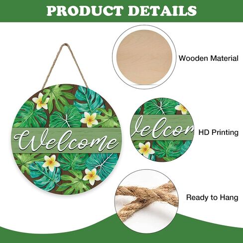 Welcome Summer Monstera Palm Leaves Front Door Sign, Tropical Plant Floral Wood Plaque Hanger Outdoor Outside Porch Home Decor, Farmhouse Flower Wooden Wreath Indoor Wall Hanging Decoration in Saudi Arabia