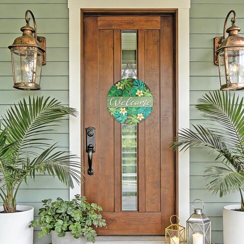 Welcome Summer Monstera Palm Leaves Front Door Sign, Tropical Plant Floral Wood Plaque Hanger Outdoor Outside Porch Home Decor, Farmhouse Flower Wooden Wreath Indoor Wall Hanging Decoration in Saudi Arabia