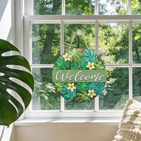 Welcome Summer Monstera Palm Leaves Front Door Sign, Tropical Plant Floral Wood Plaque Hanger Outdoor Outside Porch Home Decor, Farmhouse Flower Wooden Wreath Indoor Wall Hanging Decoration in Saudi Arabia