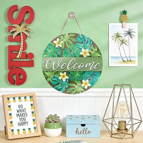 Welcome Summer Monstera Palm Leaves Front Door Sign, Tropical Plant Floral Wood Plaque Hanger Outdoor Outside Porch Home Decor, Farmhouse Flower Wooden Wreath Indoor Wall Hanging Decoration in Saudi Arabia