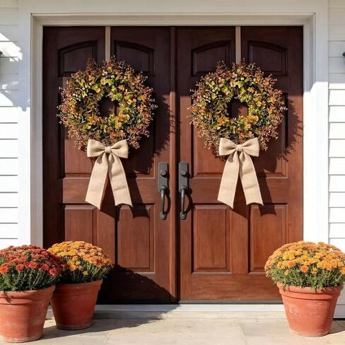 HipTree 18 Inch Fall Boxwood Wreath for Front Door, Artificial Autumn Harvest Greenery Wreath with Orange Leaves, Thanksgiving Farmhouse Porch Wall Decor, All Year Round Indoor Outdoor DIY Wreaths in Saudi Arabia