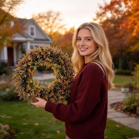 HipTree 18 Inch Fall Boxwood Wreath for Front Door, Artificial Autumn Harvest Greenery Wreath with Orange Leaves, Thanksgiving Farmhouse Porch Wall Decor, All Year Round Indoor Outdoor DIY Wreaths in Saudi Arabia