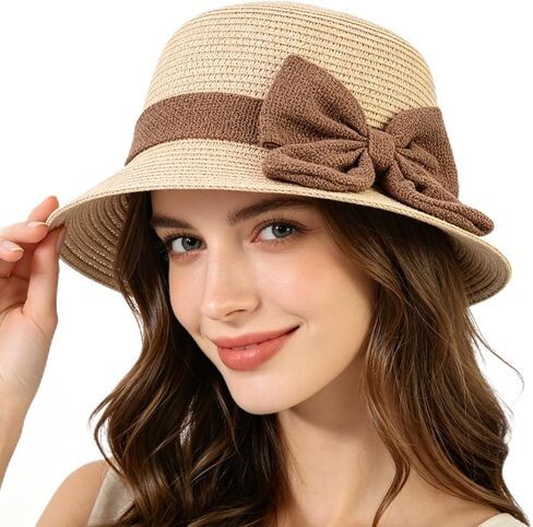 Straw Hat Women Summer Crochet Sun Hat with Bow French Elegant Foldable Beach Hats for Travel Spring Autumn Beige in Saudi Arabia