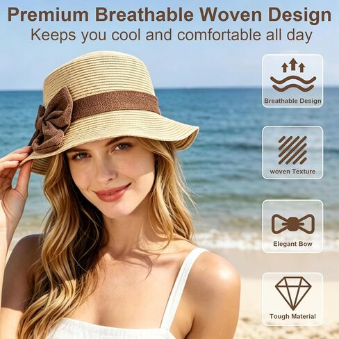 Straw Hat Women Summer Crochet Sun Hat with Bow French Elegant Foldable Beach Hats for Travel Spring Autumn Beige in Saudi Arabia