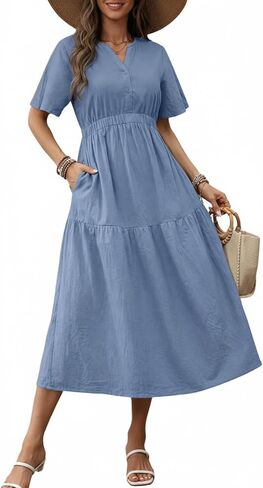Celmia Cotton Dress for Women Summer V Neck Short Sleeve Ruffle Sleeve Casual Boho Midi Maxi Dresses in Saudi Arabia