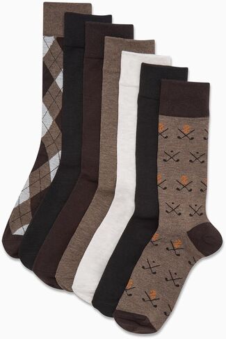 IZOD Mens Dress Socks - 7 Pack Lightweight Moisture Wicking Stay Up Cuffed Crew Socks for Men for Casual Business Formal Wear, Size 6-12.5, Brown Argyle in Kuwait