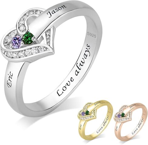 925 Sterling Silver Personalized 2 Birthstones Rings for Women Custom Name Engraved Couple Promise Ring Engagement Wedding Birthday Gifts for Wife Mom Grandma in Saudi Arabia