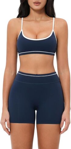 QBGJTD Two Piece Workout Sets for Women Color Block Strappy Sports Bra and High Waist Shorts Gym Yoga Active Wear Outfits in Saudi Arabia