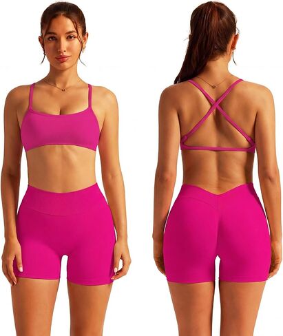 ABOCIW Womens Two Piece Workout Sets Strappy Sports Bra Matching High Waist Biker Shorts Gym Yoga Active Wear Outfits in Kuwait