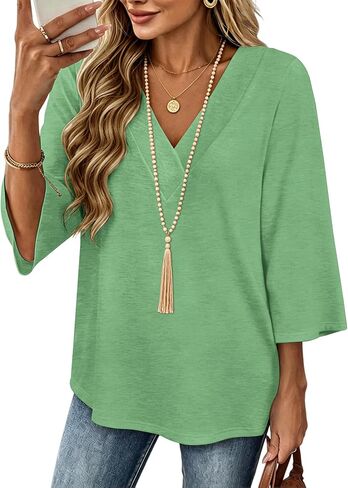 3/4 Length Sleeve Womens Tops Boho Trendy V Neck Shirts Blouses Dressy Casual Loose Fit Outfits Fashion in Kuwait