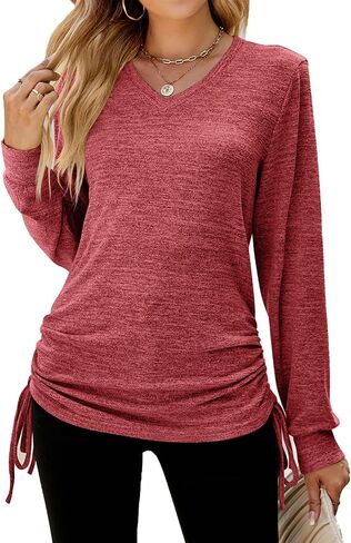 Women's V Neck Drawstring Ruched Long Sleeve Casual Blouse Tunic Tops Pullover T Shirts in Saudi Arabia