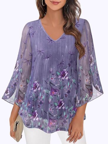 Womens Ruffle 3/4 Sleeve V Neck Double Layers Mesh Blouses Loose Fit Flowy Tunic Tops S-XXL in Kuwait