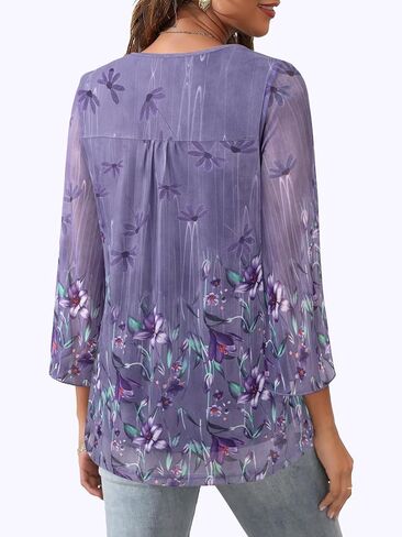 Womens Ruffle 3/4 Sleeve V Neck Double Layers Mesh Blouses Loose Fit Flowy Tunic Tops S-XXL in Kuwait
