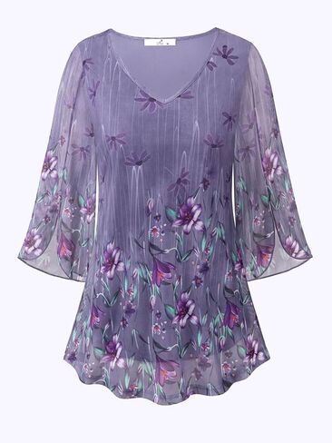 Womens Ruffle 3/4 Sleeve V Neck Double Layers Mesh Blouses Loose Fit Flowy Tunic Tops S-XXL in Kuwait